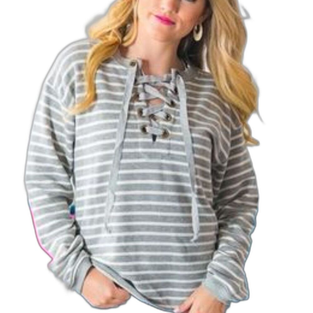 Storia Gray & White Stripe Lace Up‎ Neckline Sweatshirt Size M